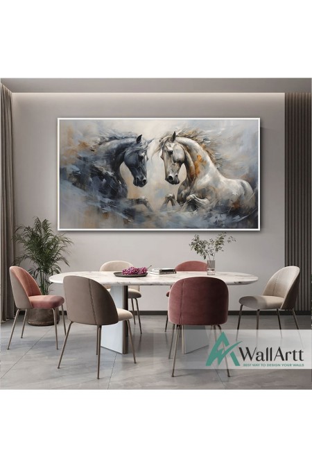 Black White Horses 3d Heavy Textured Partial Oil Painting